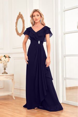 A-line V-Neck Floor-Length Chiffon Dress With Ruffle
