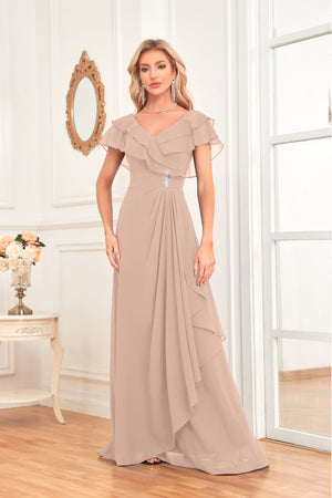 A-line V-Neck Floor-Length Chiffon Dress With Ruffle