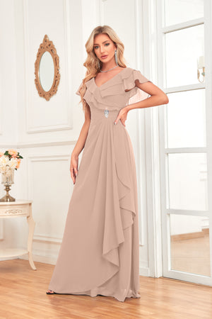 A-line V-Neck Floor-Length Chiffon Dress With Ruffle