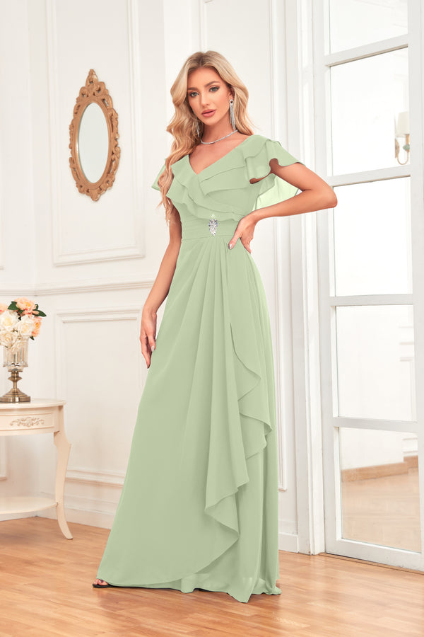 A-line V-Neck Floor-Length Chiffon Dress With Ruffle
