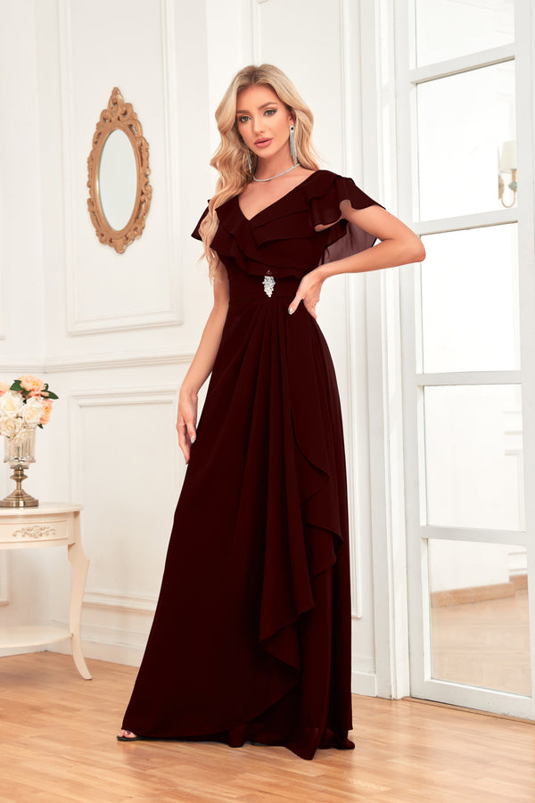 A-line V-Neck Floor-Length Chiffon Dress With Ruffle