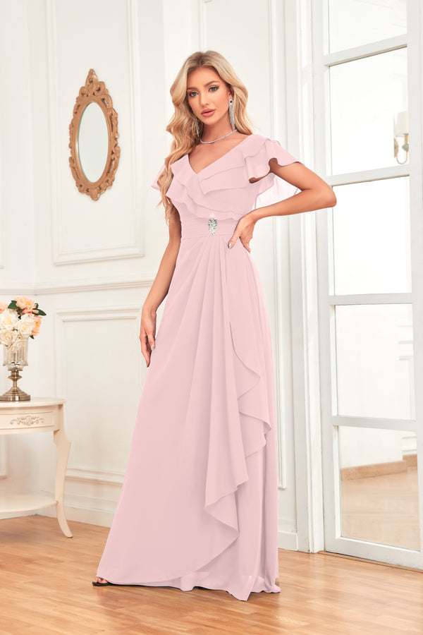 A-line V-Neck Floor-Length Chiffon Dress With Ruffle