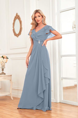 A-line V-Neck Floor-Length Chiffon Dress With Ruffle
