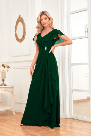 A-line V-Neck Floor-Length Chiffon Dress With Ruffle