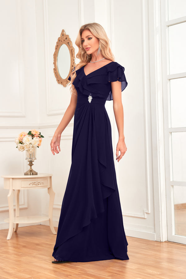 A-line V-Neck Floor-Length Chiffon Dress With Ruffle