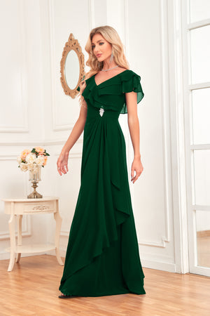 A-line V-Neck Floor-Length Chiffon Dress With Ruffle