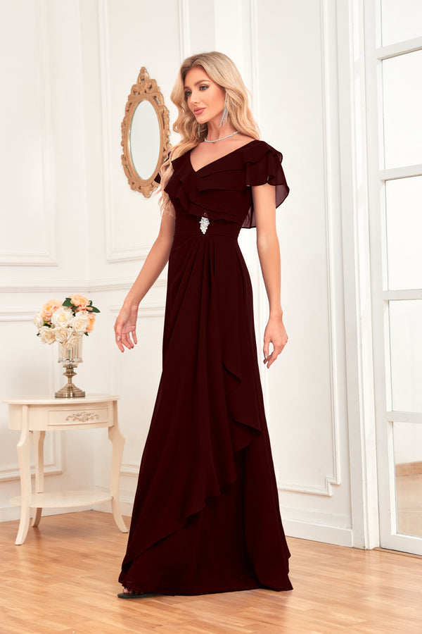 A-line V-Neck Floor-Length Chiffon Dress With Ruffle