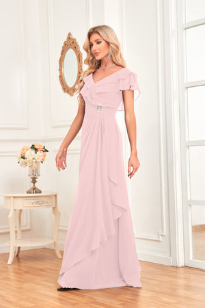 A-line V-Neck Floor-Length Chiffon Dress With Ruffle