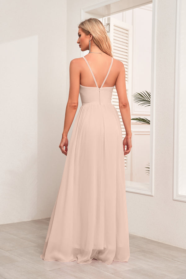 A-line Halter Floor-Length Chiffon Bridesmaid Dress