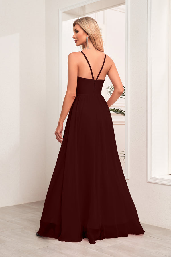 A-line Halter Floor-Length Chiffon Bridesmaid Dress