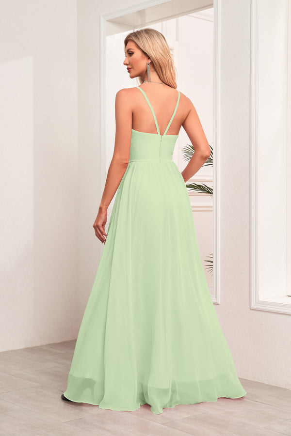 A-line Halter Floor-Length Chiffon Bridesmaid Dress