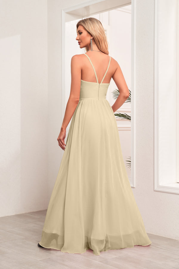 A-line Halter Floor-Length Chiffon Bridesmaid Dress