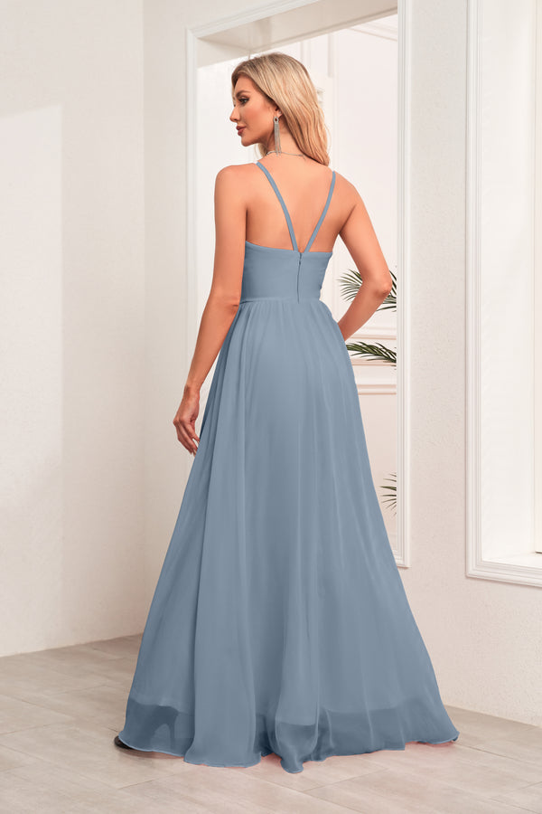 A-line Halter Floor-Length Chiffon Bridesmaid Dress