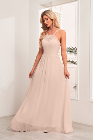 A-line Halter Floor-Length Chiffon Bridesmaid Dress