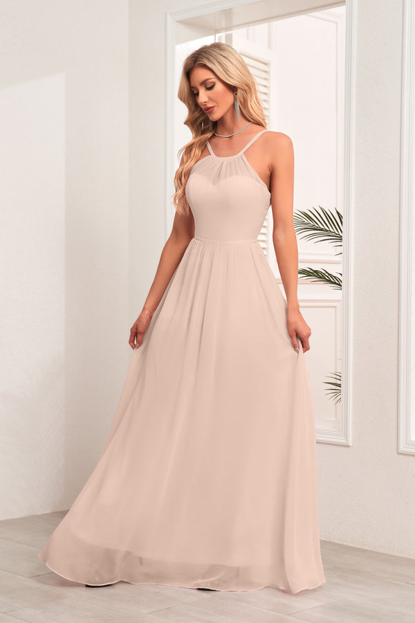 A-line Halter Floor-Length Chiffon Bridesmaid Dress