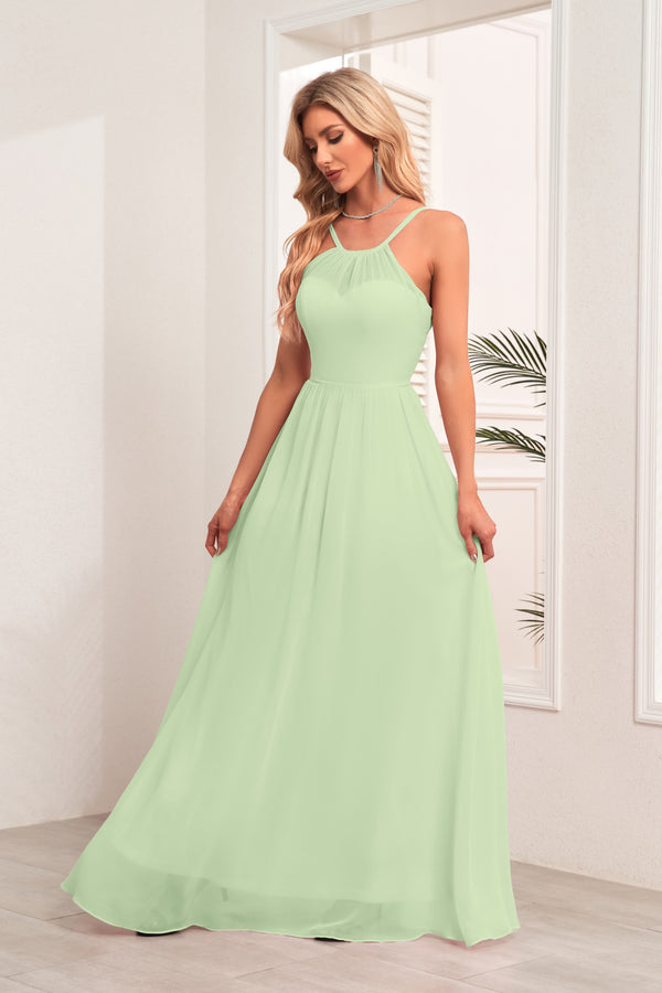 A-line Halter Floor-Length Chiffon Bridesmaid Dress