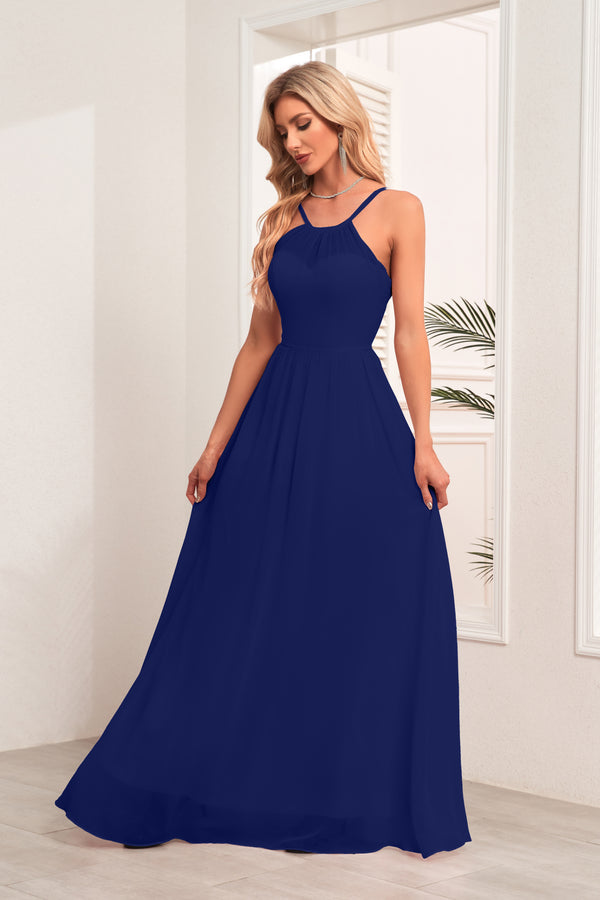 A-line Halter Floor-Length Chiffon Bridesmaid Dress