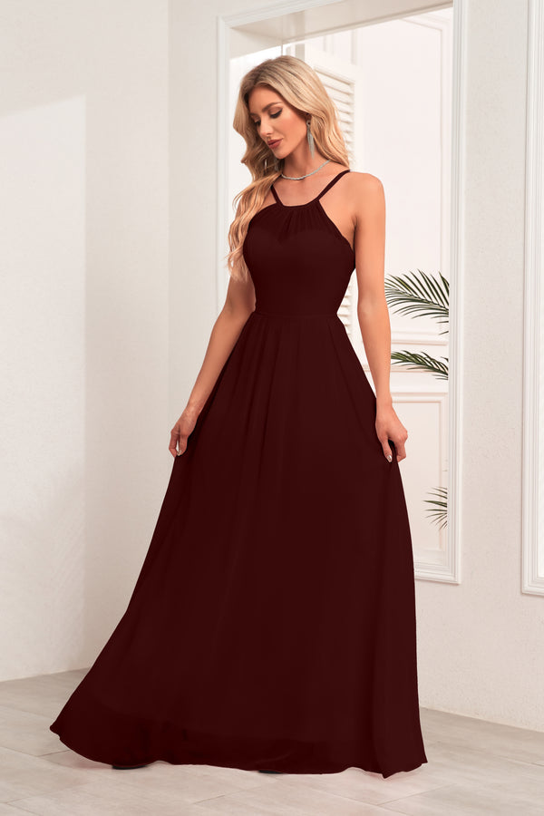 A-line Halter Floor-Length Chiffon Bridesmaid Dress