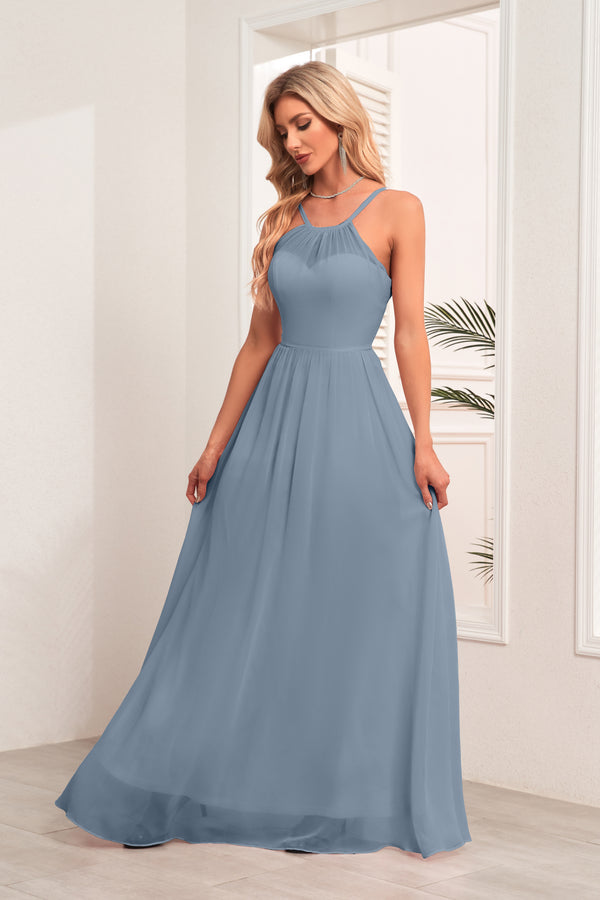 A-line Halter Floor-Length Chiffon Bridesmaid Dress