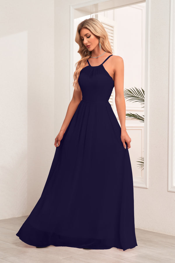 A-line Halter Floor-Length Chiffon Bridesmaid Dress