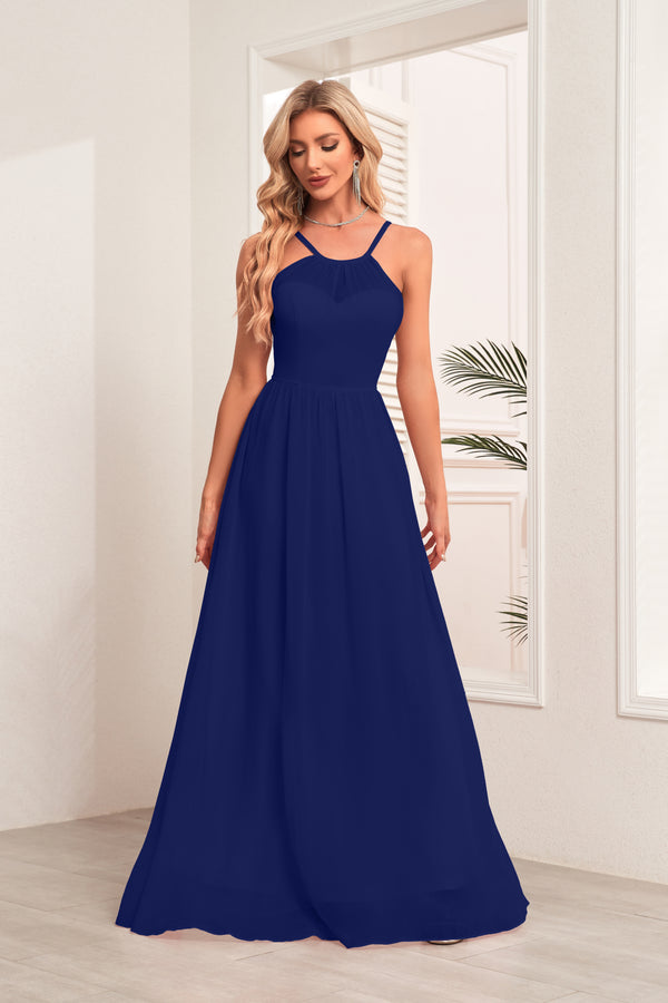 A-line Halter Floor-Length Chiffon Bridesmaid Dress