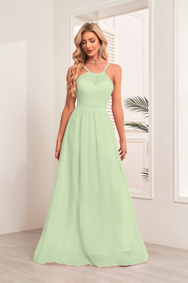 A-line Halter Floor-Length Chiffon Bridesmaid Dress