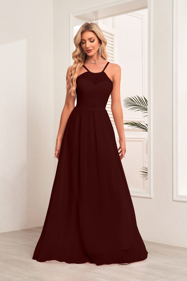 A-line Halter Floor-Length Chiffon Bridesmaid Dress