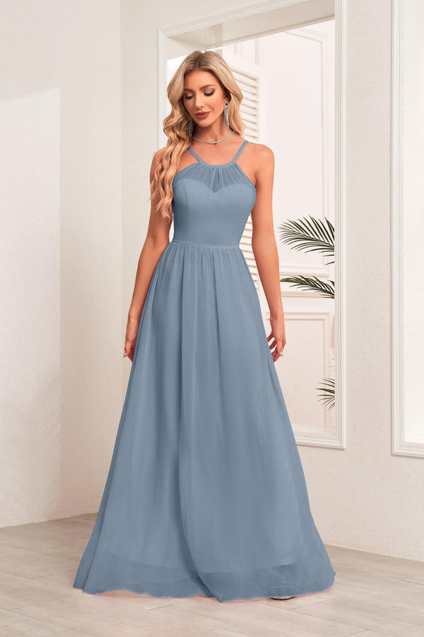 A-line Halter Floor-Length Chiffon Bridesmaid Dress