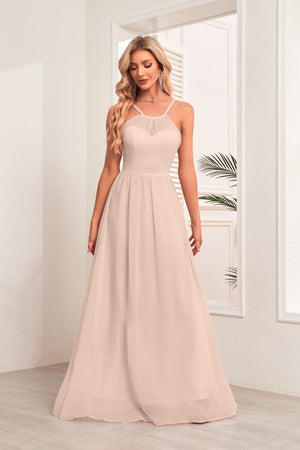 A-line Halter Floor-Length Chiffon Bridesmaid Dress