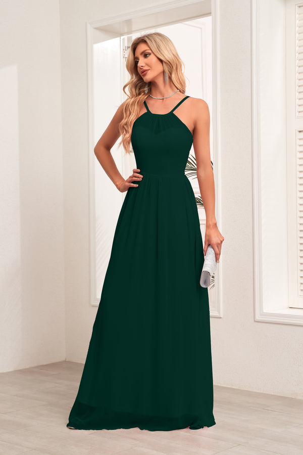 A-line Halter Floor-Length Chiffon Bridesmaid Dress