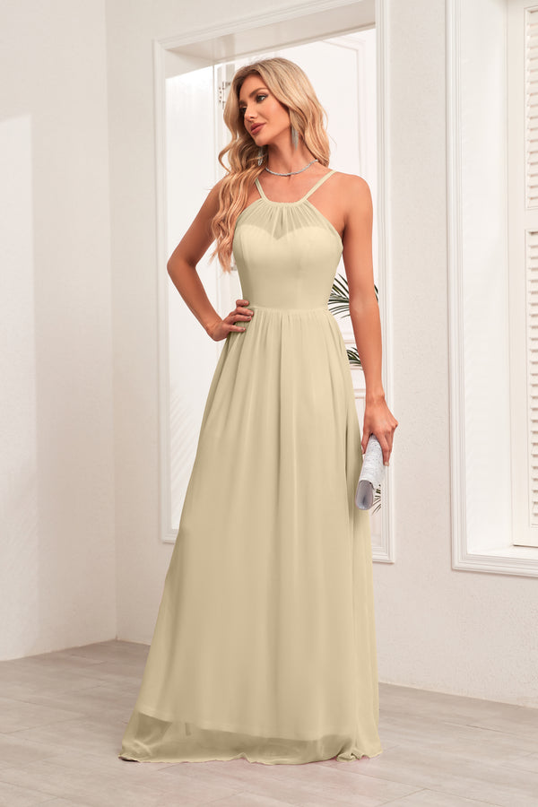 A-line Halter Floor-Length Chiffon Bridesmaid Dress
