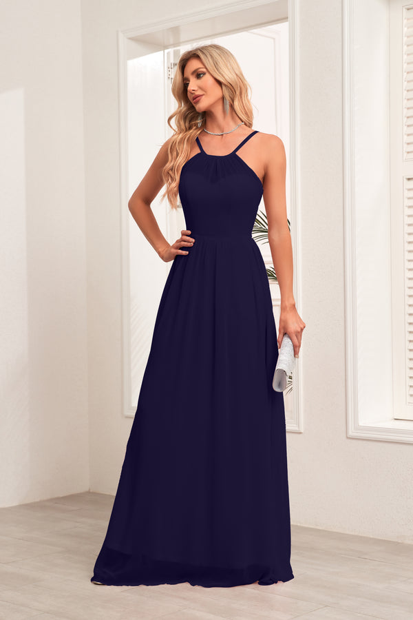 A-line Halter Floor-Length Chiffon Bridesmaid Dress