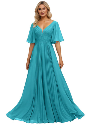 A-line V-Neck Floor-Length Chiffon Mother of the Bride Dress With Sequins Appliques Lace Pleated