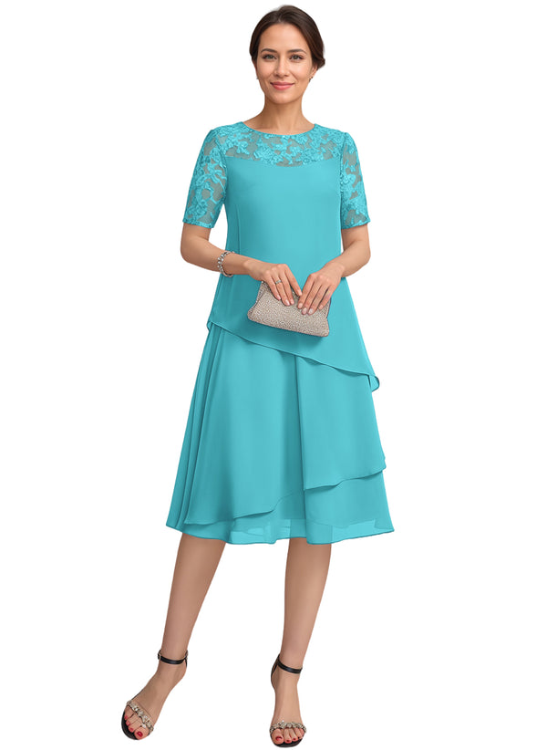 A-line Scoop Illusion Knee-Length Lace Chiffon Mother of the Bride Dress With Sequins