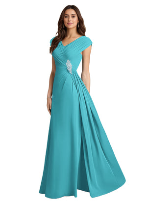 A-line V-Neck Floor-Length Chiffon Mother of the Bride Dress With Pleated Sequins