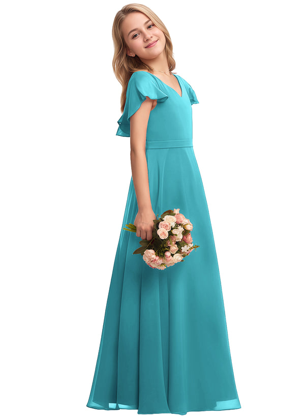A-line V-Neck Floor-Length Chiffon Junior Bridesmaid Dress