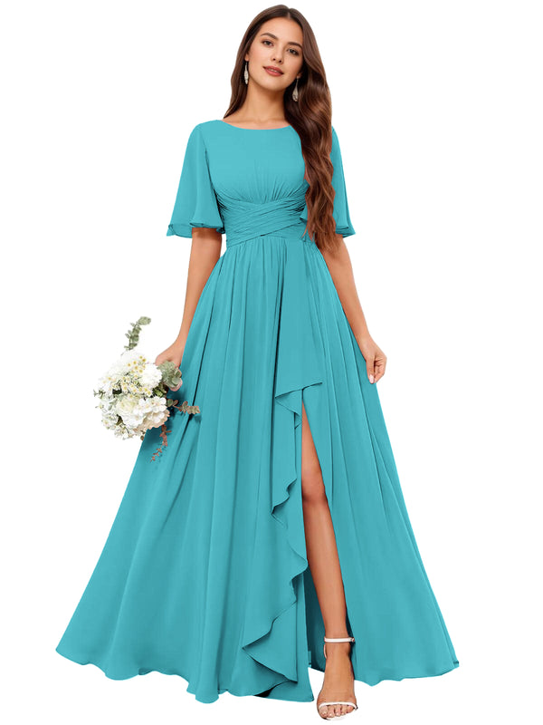 A-line Scoop Floor-Length Chiffon Bridesmaid Dress With Slit