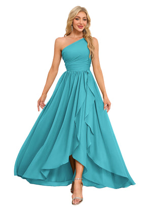A-line One Shoulder Floor-Length Chiffon Bridesmaid Dress With Ruffle