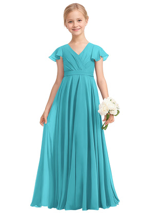 A-line V-Neck Floor-Length Chiffon Junior Bridesmaid Dress