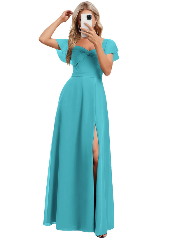 A-line V-Neck Floor-Length Chiffon Bridesmaid Dress With Ruffle