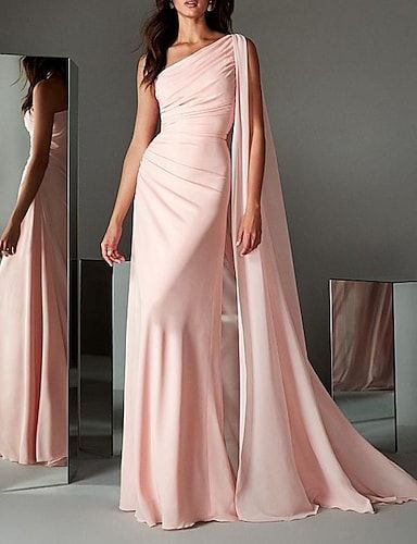 Mermaid One Shoulder Floor-Length Chiffon Mother of the Bride Dress With Pleated Beading