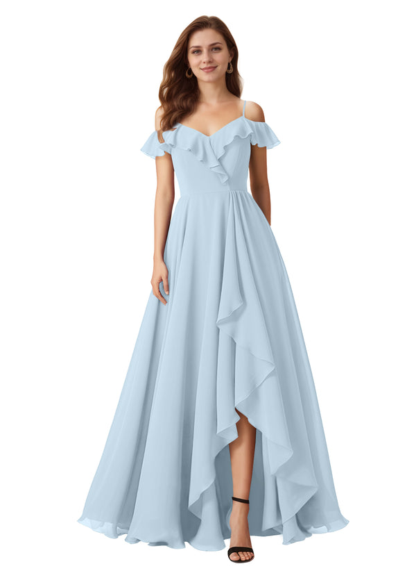 A-line Cold Shoulder Floor-Length Chiffon Bridesmaid Dress With Ruffle