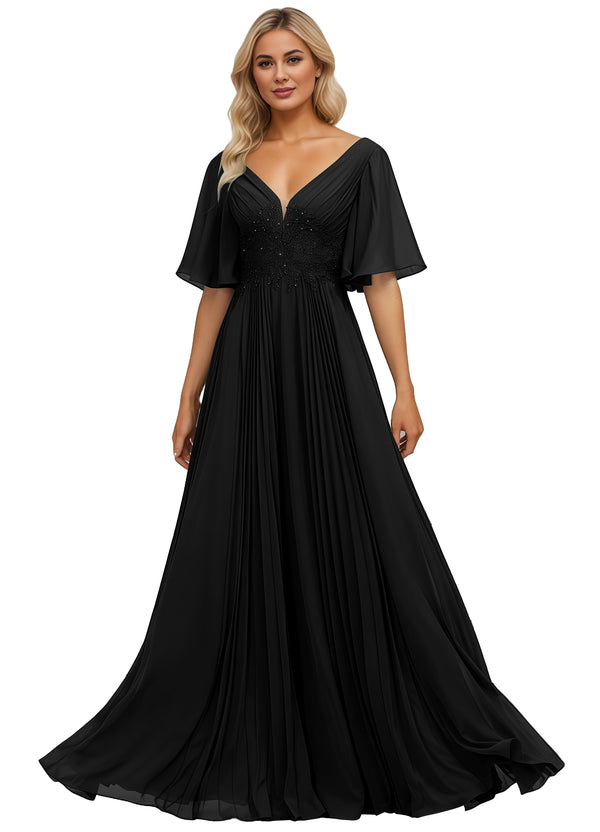 A-line V-Neck Floor-Length Chiffon Mother of the Bride Dress With Sequins Appliques Lace Pleated