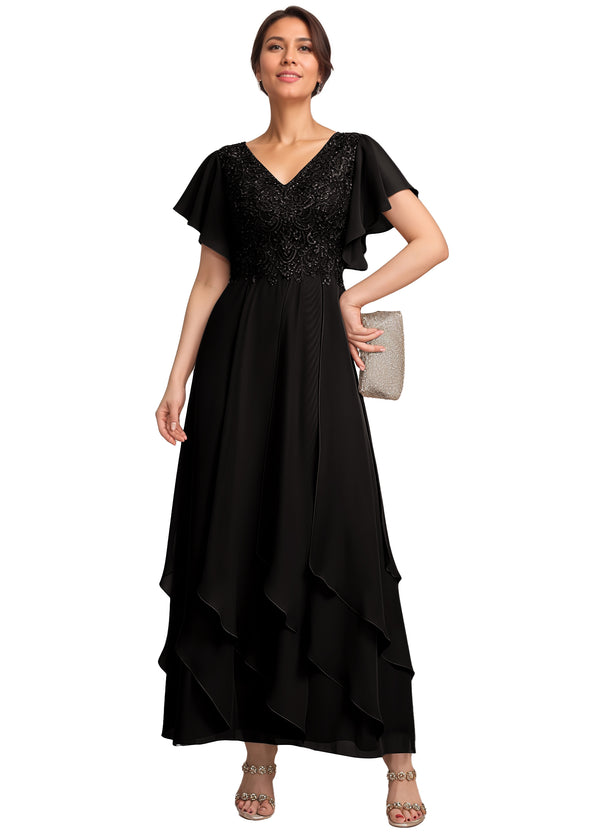 A-line V-Neck Ankle-Length Lace Chiffon Mother of the Bride Dress With Cascading Ruffles