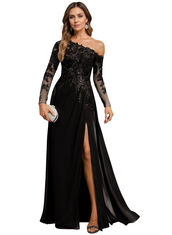 Trumpet/Mermaid Asymmetrical Illusion Floor-Length Lace Chiffon Evening Dress With Sequins
