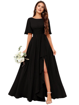 A-line Scoop Floor-Length Chiffon Bridesmaid Dress With Slit