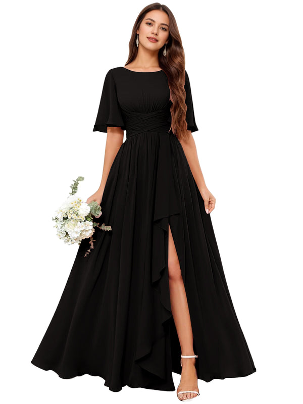 A-line Scoop Floor-Length Chiffon Bridesmaid Dress With Slit