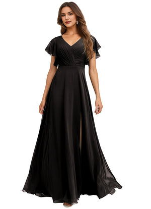 A-line V-Neck Floor-Length Chiffon Bridesmaid Dress With Ruffle