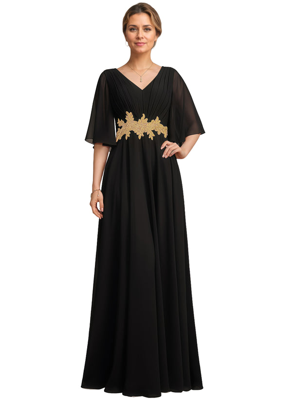 A-line V-Neck Floor-Length Chiffon Lace Mother of the Bride Dress With Sequins Beading