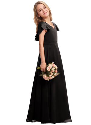 A-line V-Neck Floor-Length Chiffon Junior Bridesmaid Dress